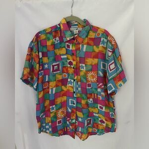 Vintage Jonathan Martin 100% Silk Button Down Short Sleeve Sun Stars M